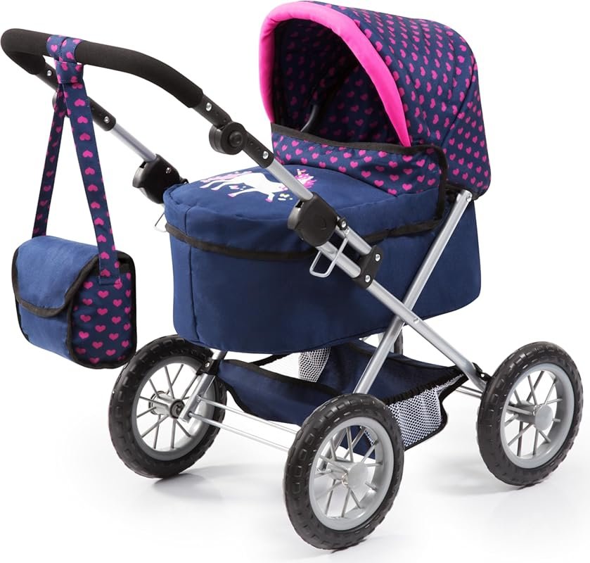 Bayer Trendy Pram in Blue, Pink, and Hearts: Doll Buggy with Adjustabl