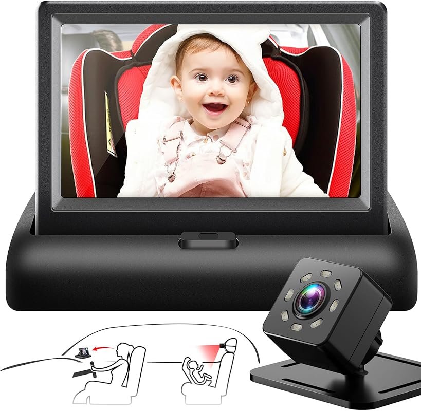 Baby Car Mirror with 4.3 Inch HD Night Vision Display, Wide Clear View