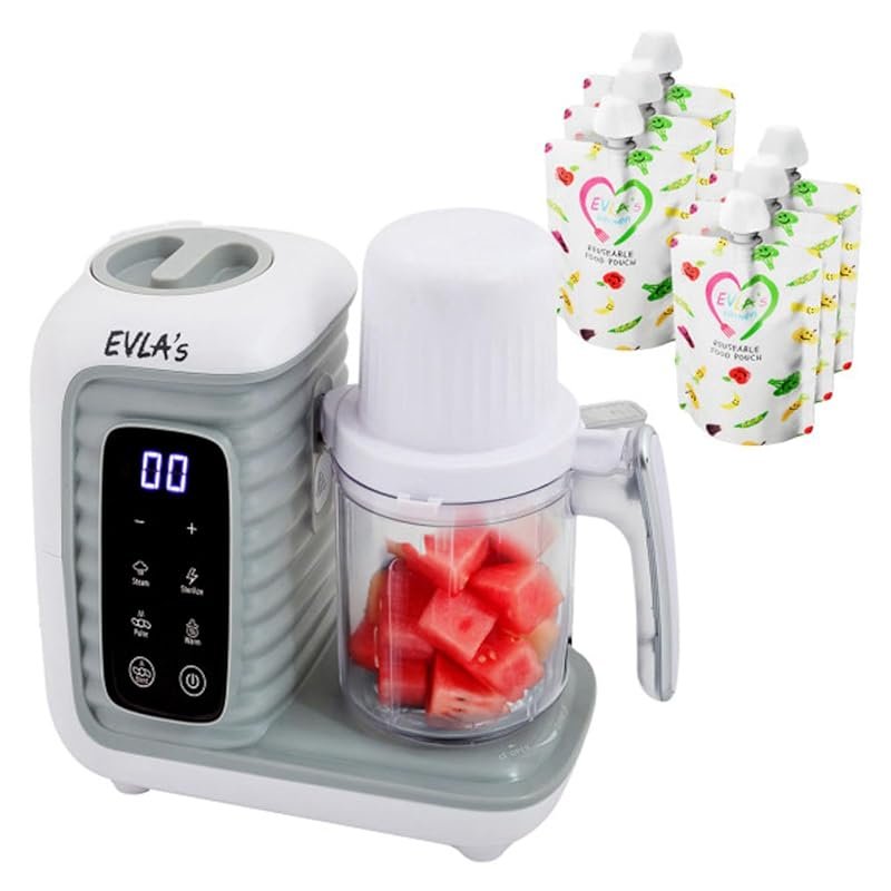 EVLA Double Baby Food Maker with Two Steaming Baskets, Touch Screen, and Food Pouches