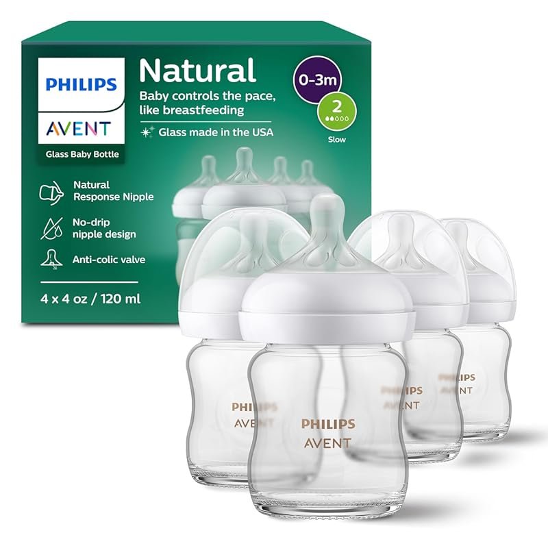 Philips Avent Natural Glass Baby Bottles 4 oz Slow Flow Natural Respon