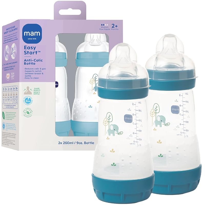 MAM Easy Start Anti-Colic 9oz Baby Bottle, Medium Flow Silicone Nipple
