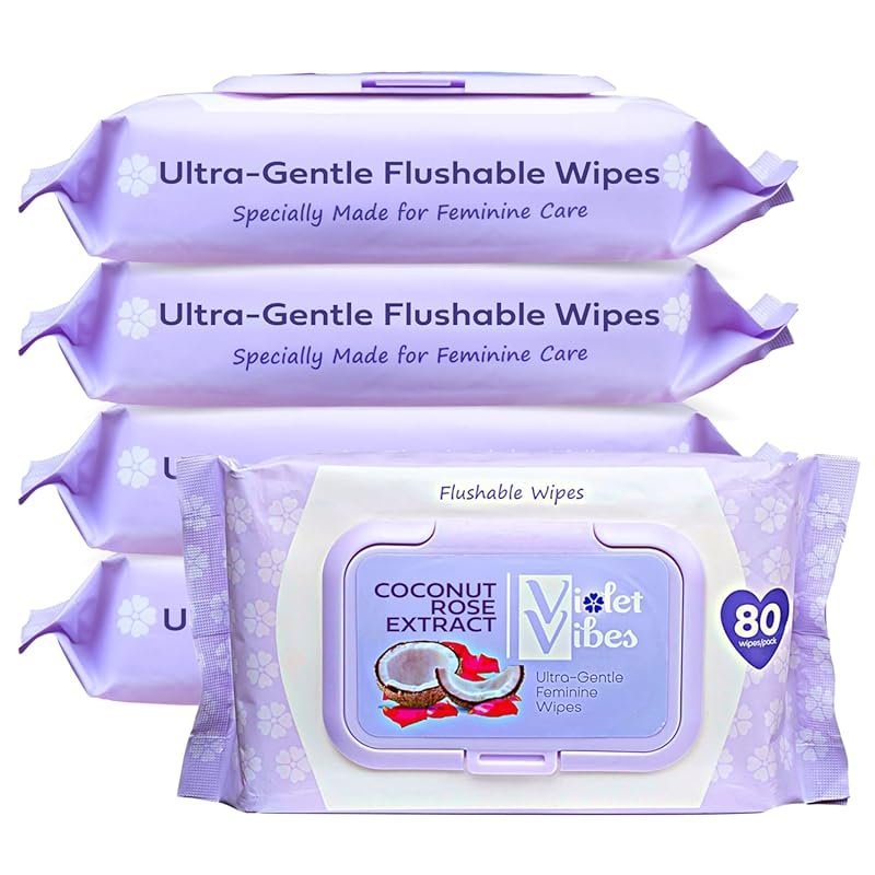 Violet Vibes Flushable Wipes for Women Coconut Rose Plant Based Gentle