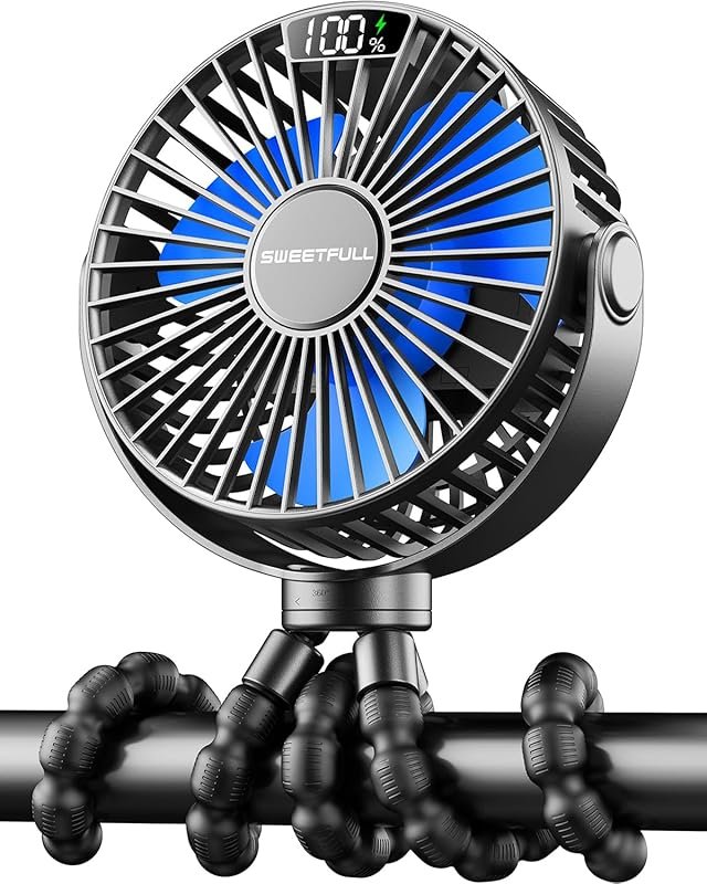Sweetfull Portable Stroller Fan: 4-Speed Rechargeable with LED Display