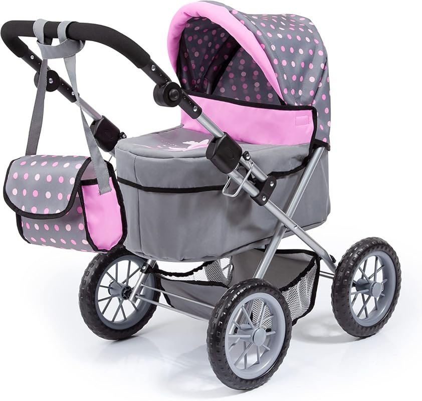 Bayer Trendy Pram in Grey, Pink, and Dots: Doll Stroller with Adjustab