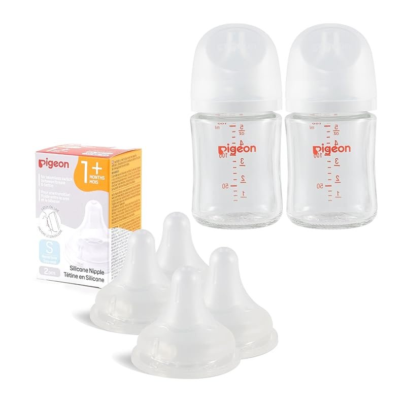 Pigeon Glass Baby Bottles Pack of 2, 5.4 oz with 4 Latch-On Silicone N