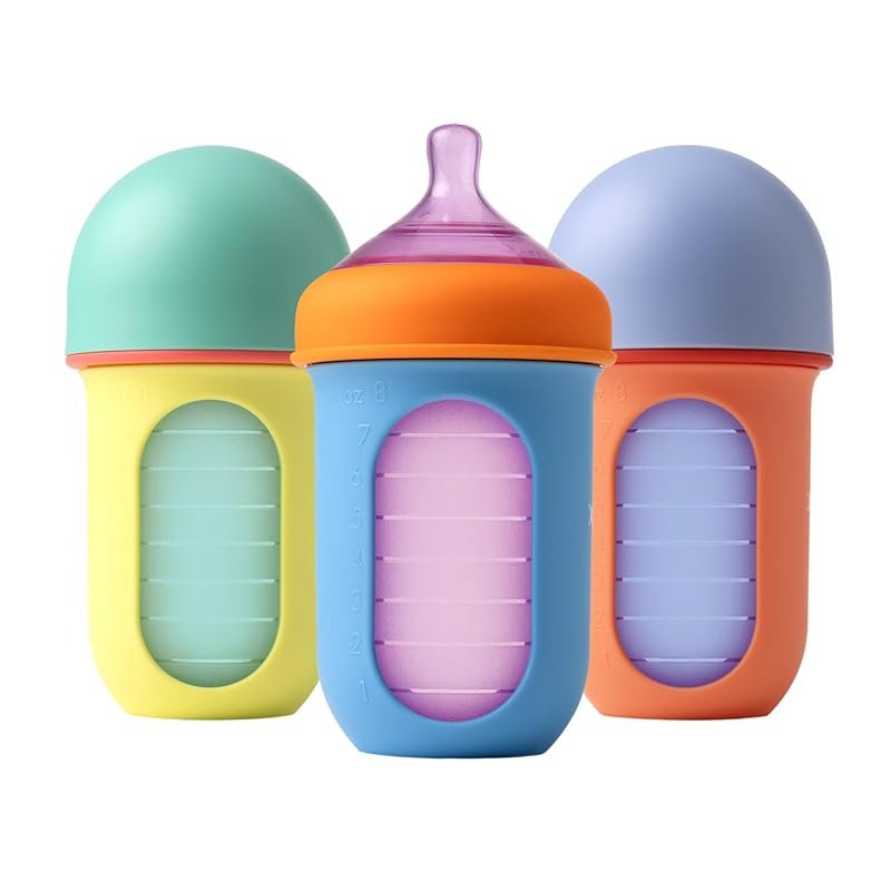 Boon Nursh 8oz Silicone Baby Bottle, Medium Flow, Food-Safe Platinum S