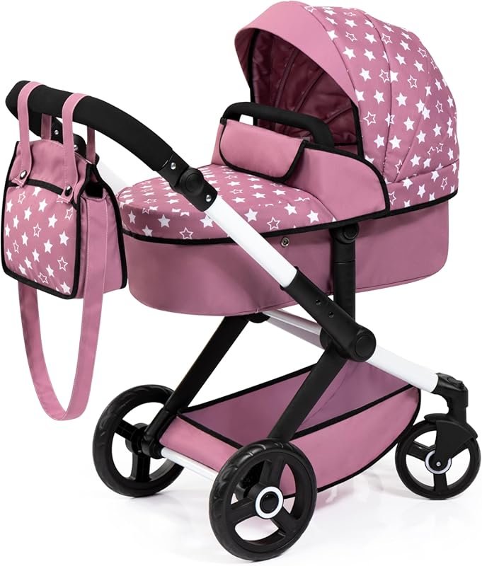 Bayer Xeo Pram in Pink, White, and Stars: Foldable Convertible Doll St