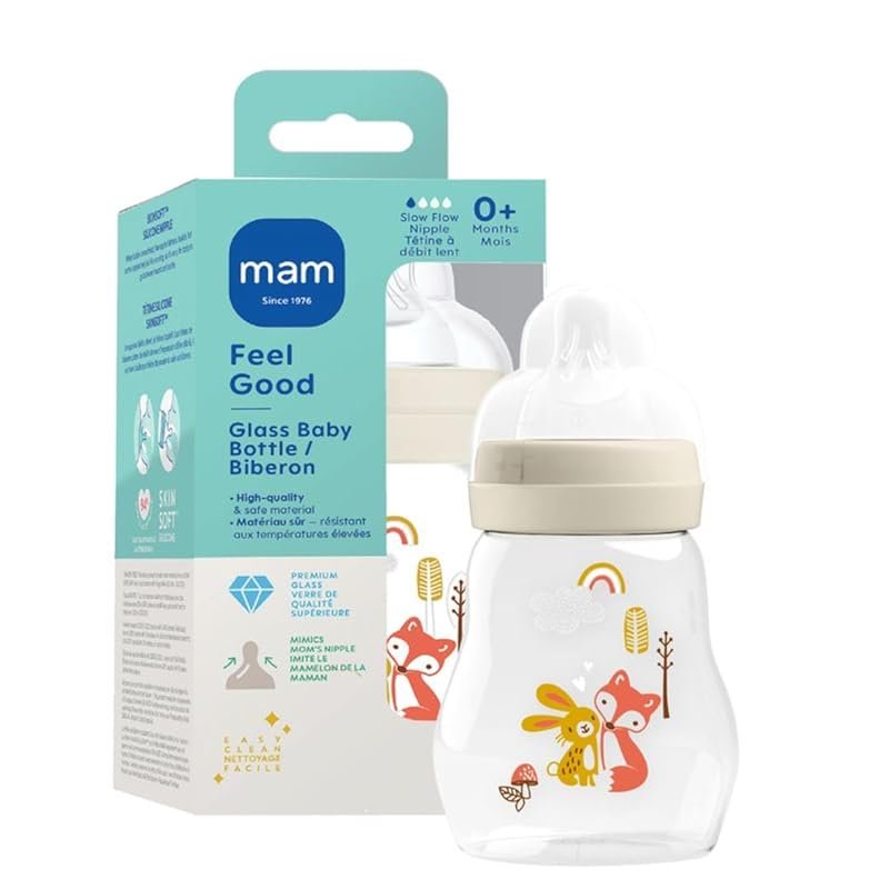 MAM Premium Glass Baby Bottle Slow Flow 6 oz Breast-to-Bottle Transiti