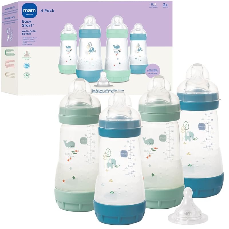 MAM Easy Start 9 oz Anti-Colic Baby Bottle, Medium and Fast Flow Nippl