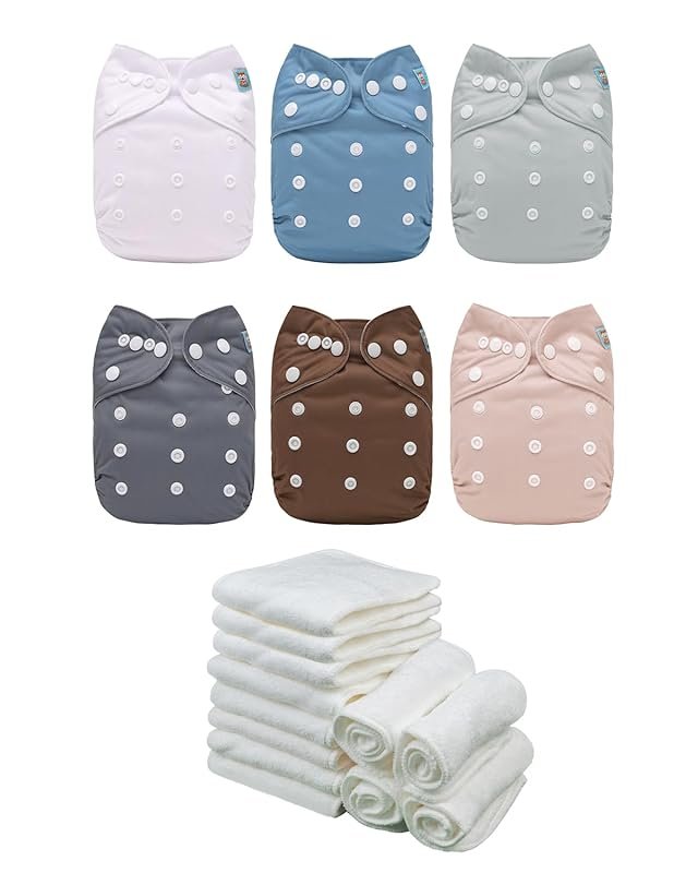 ALVABABY 6 Pack Infant Cloth Diapers with 12 Inserts One Size Adjustab