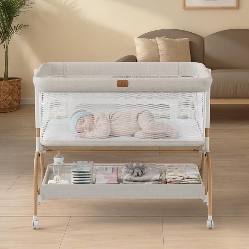 3-in-1 Baby Bassinet Bedside Crib with Mattress, Breathable Sheet, Ful