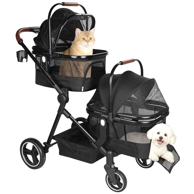 Foldable Double Pet Stroller for Two Small Dogs or Cats with Integrate