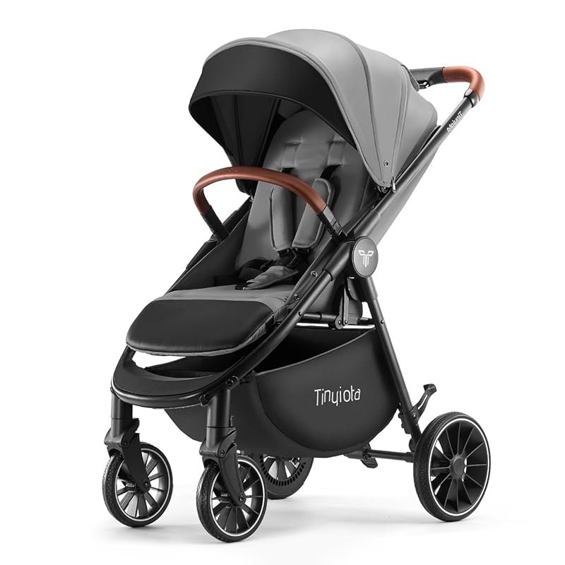 Tinyiota Luxury Baby Stroller with UPF 50+ Canopy, Leather Handle, and
