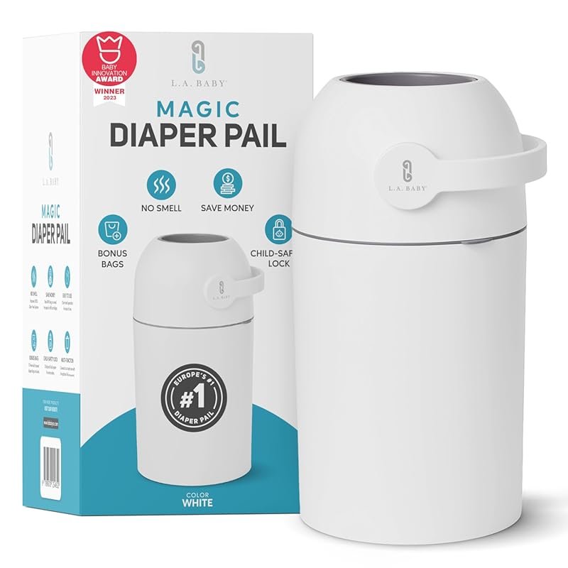 LA Baby Magic Diaper Pail in White with Child Safe Lock, No Refills Re