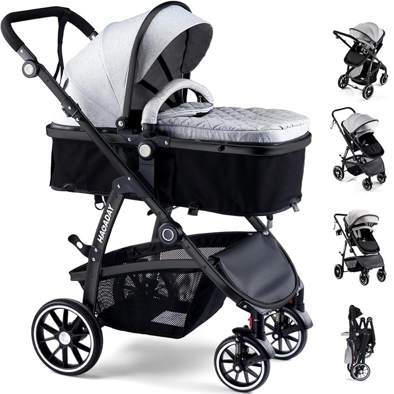 2-in-1 Foldable Baby Stroller with Reversible Lie-Flat Seat and Adjust