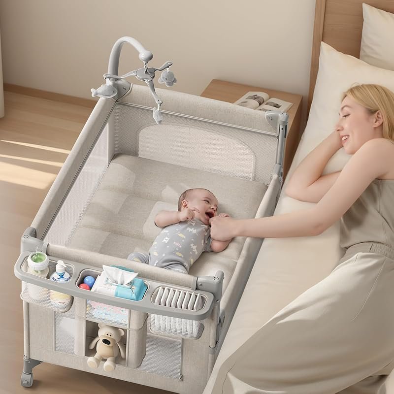 TinyGlow 4-in-1 Baby Bassinet Pack and Play, Bedside Crib Sleeper with