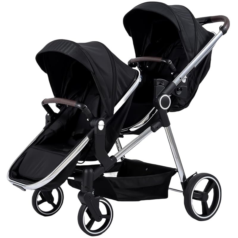 A compact lightweight double stroller for twins with foldable tandem d