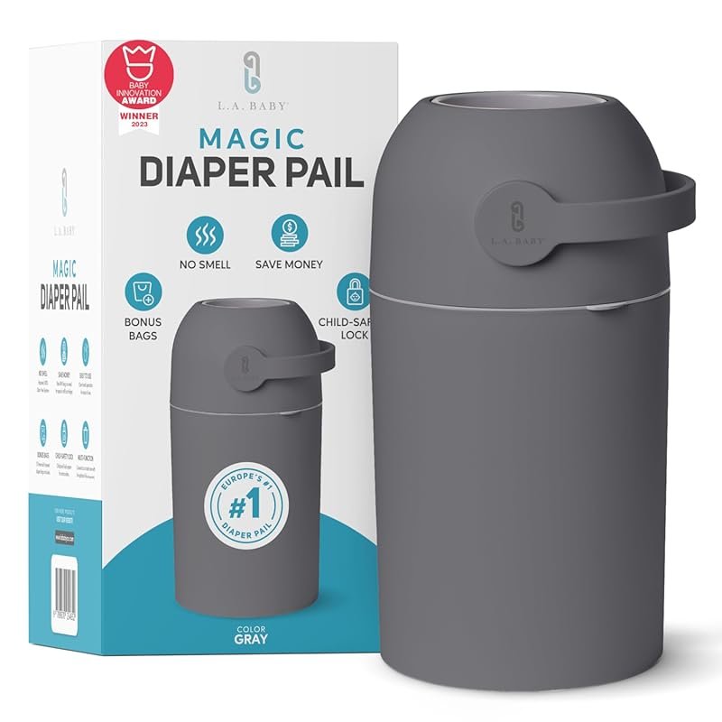 L.A. Baby Magic Diaper Pail in gray with patented odor-free system and