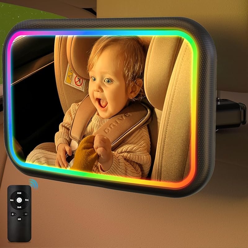 Baby Car Mirror with RGB Lights, Rechargeable, Remote Control, 360° Ro