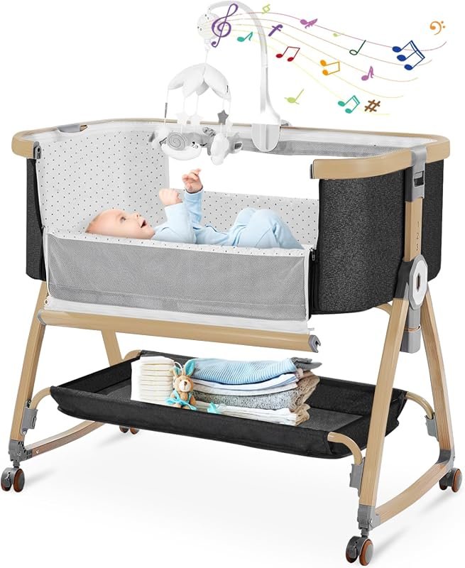 3-in-1 Portable Bedside Bassinet with Mattress, Mobile, Mosquito Net,