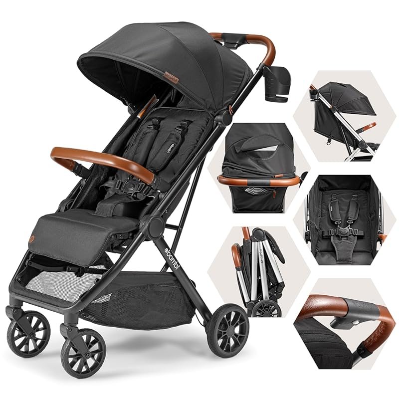 Bombi Bēbee V2 Lightweight Stroller with Vegan Leather, One-Hand Fold,