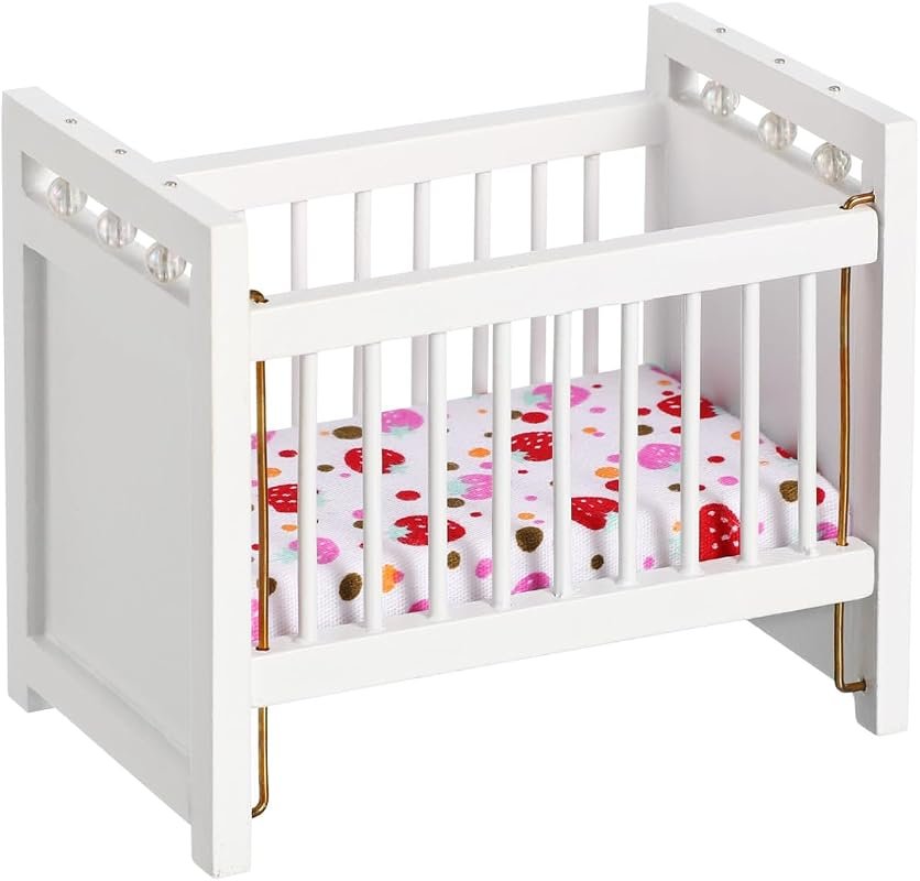 Garneck Dollhouse Crib - White Mini Cot with Bedding, Doll Nursery Fur