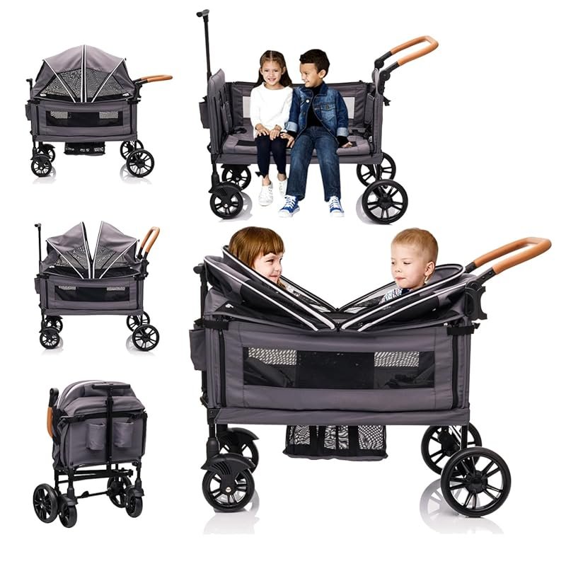 All-Terrain Double Wagon Stroller for Two Kids with Adjustable Handle 
