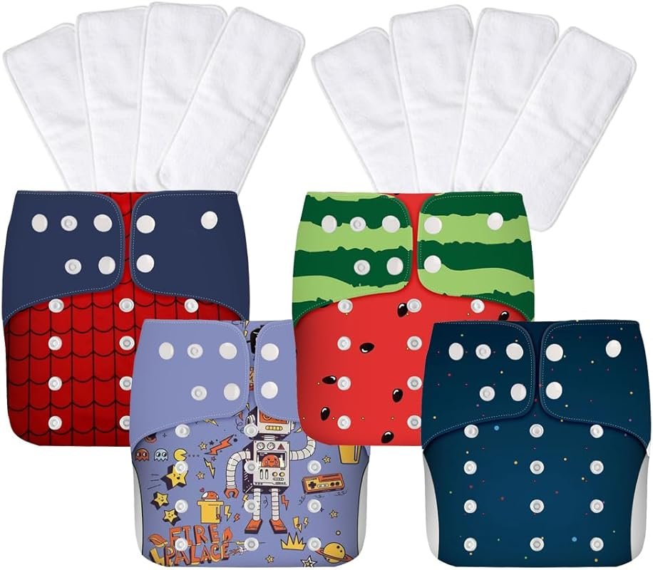 AIO Baby Cloth Diaper 4-Pack with 8 Inserts Adjustable Waist One Size
