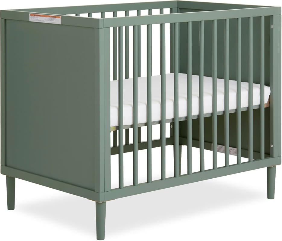 Dream On Me Lucas Mini Convertible Crib in Meadow Green, Rounded Spind