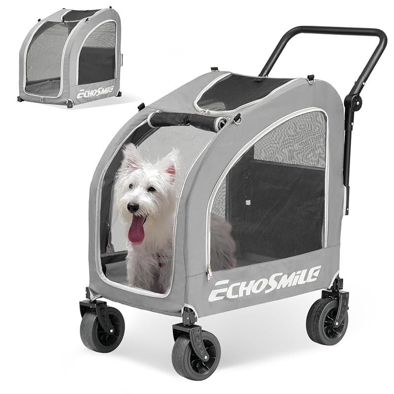 EchoSmile All-Season Foldable Pet Stroller with Storage Basket and Bre
