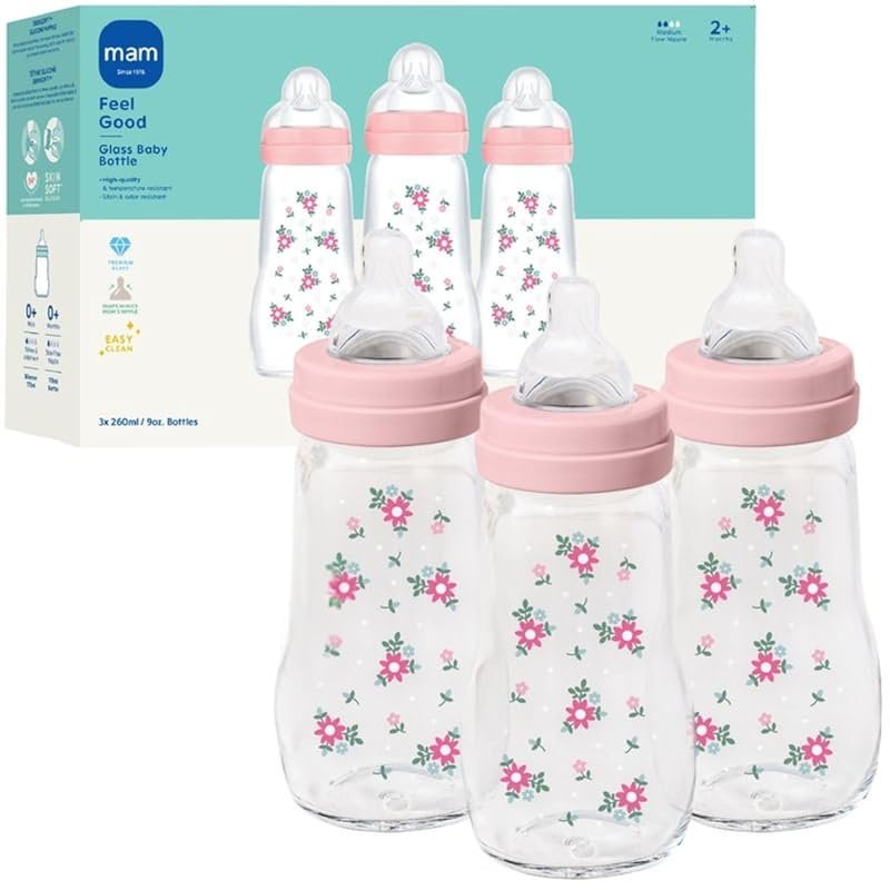 MAM Premium Glass Baby Bottle Easy Switch Breast Bottle Medium Flow 9o