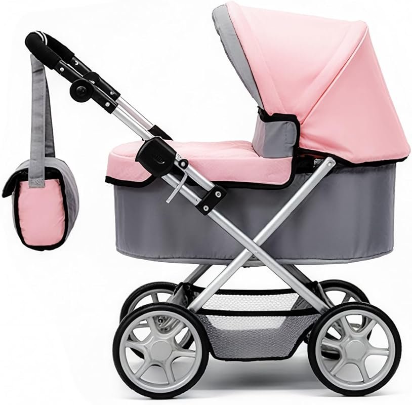 iCradle Baby Doll Stroller, Pink and Gray Foldable Pram with Adjustabl