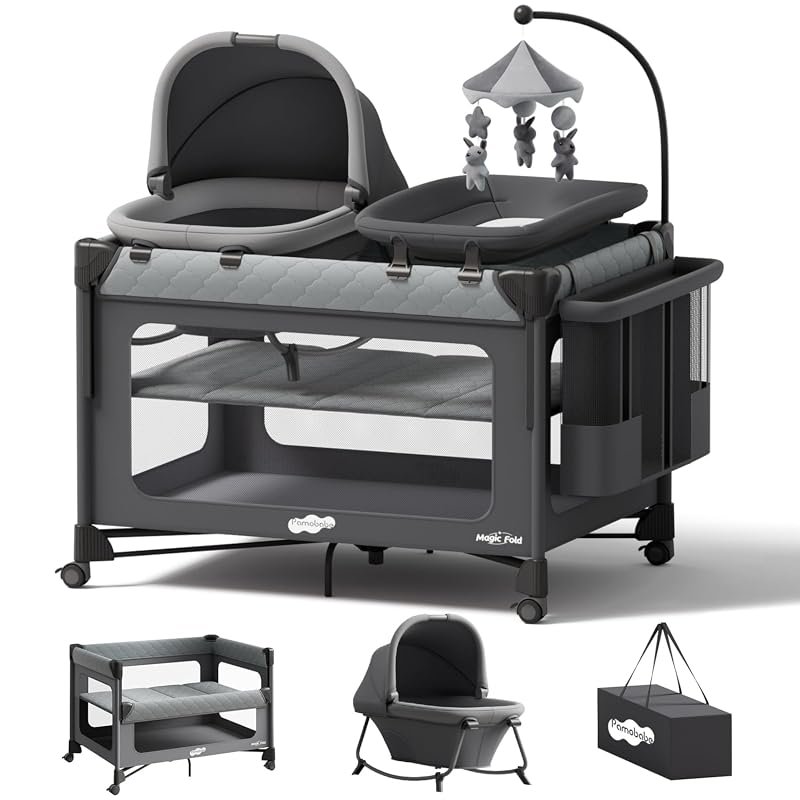 Pamo Babe 7 in 1 Pack and Play Bassinet Changing Station, One-Step Bed