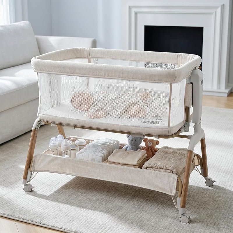 GROWNSY 5-in-1 Baby Bassinet Beige β Gentle Rocking, 6 Heights, Breath