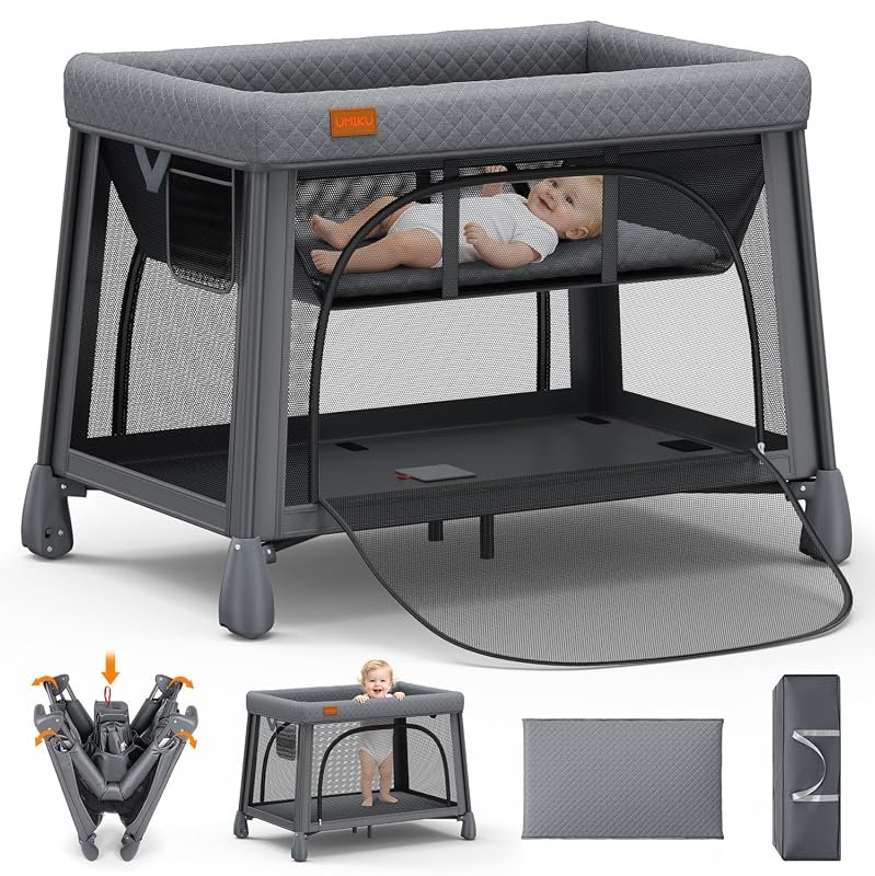 UMIKU Travel Pack and Play Baby Crib with Bassinet, Foldable Playpen w